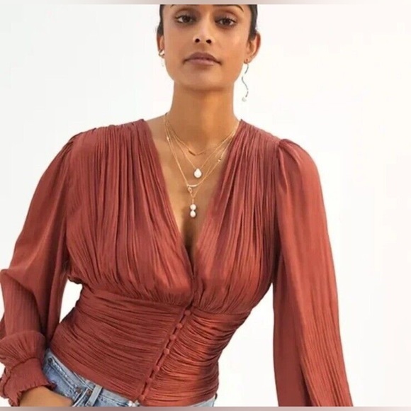 Anthropologie Tops - Anthropologie Current Air Long Sleeve Satin Ruched Corset Top Rust Brown Size XS